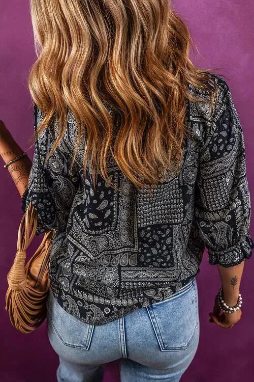 Printed Buttoned Flounce Sleeve Blouse Blouses - Tophatter Daily Deals
